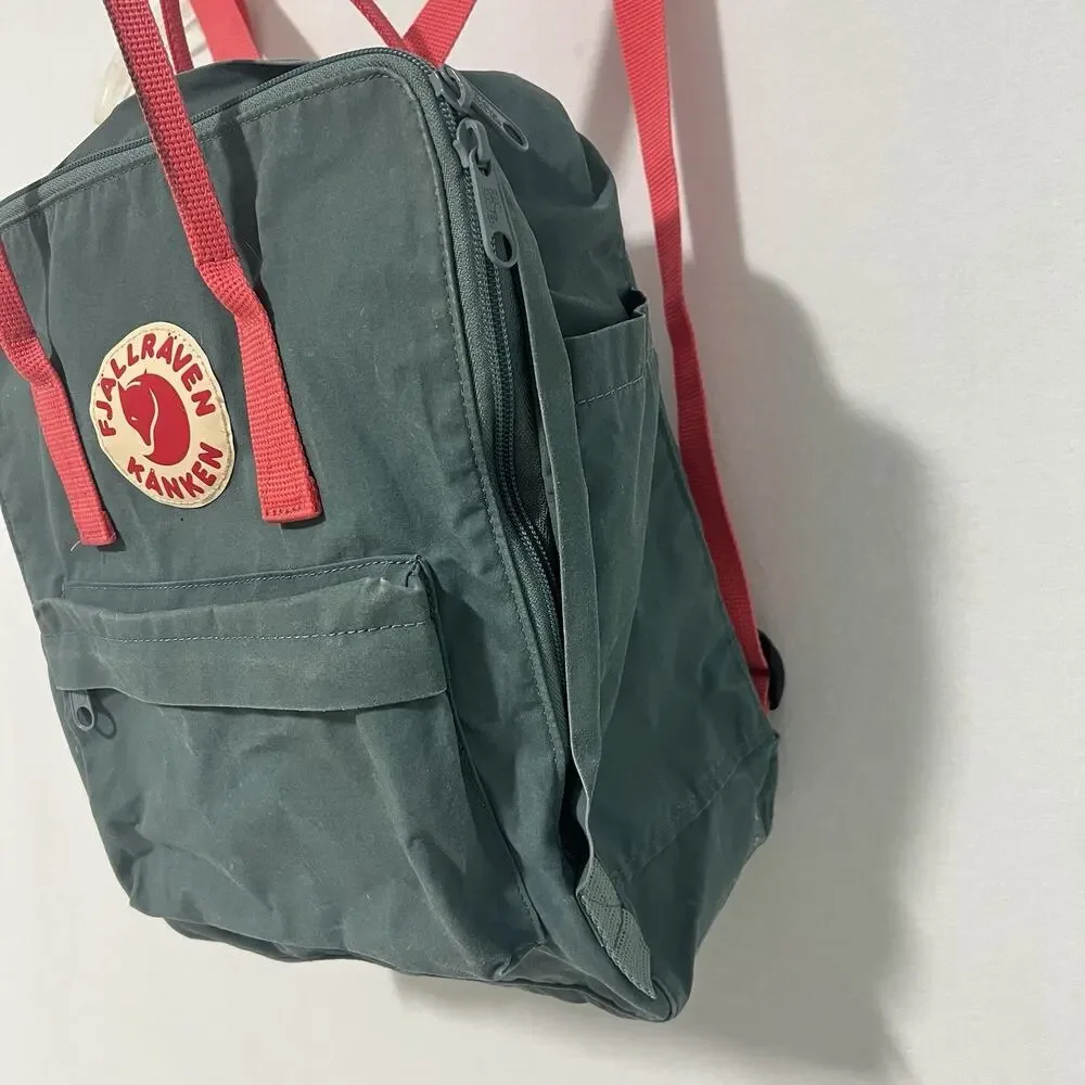 Fjallraven Kanken Classic Canvas Backpack Green 16L Orange Straps Handles Hiking